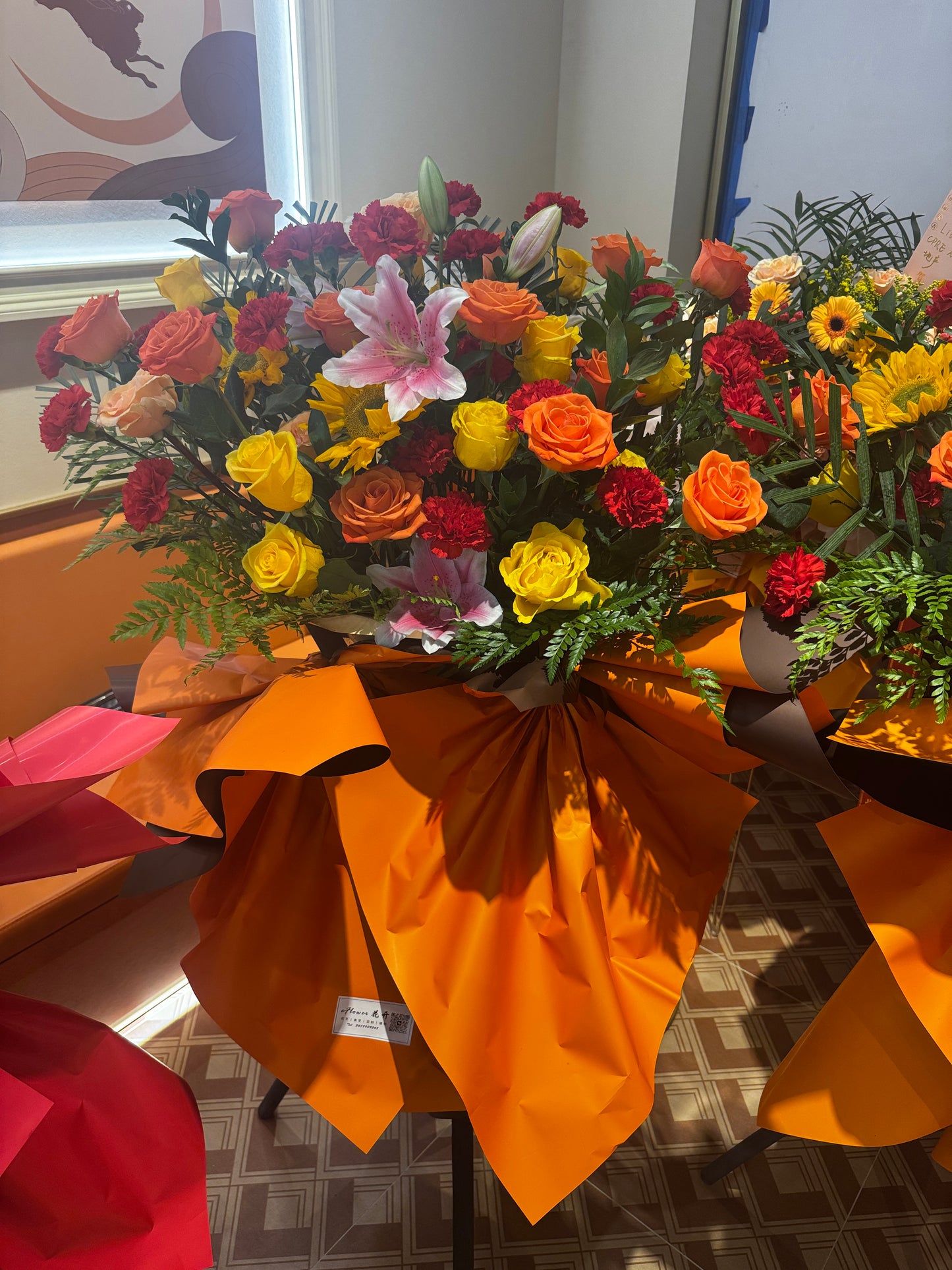 flushing orange garden grand opening flower 桔色开业花篮